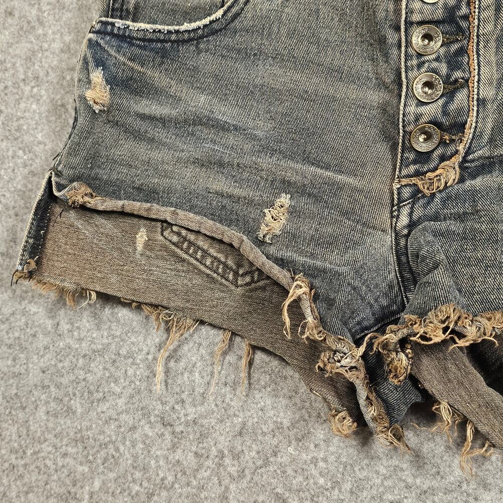 Free People Distressed Frayed Raw Hem Fringe Button Fly Blue Jean Shorts Denim - Picture 5 of 10
